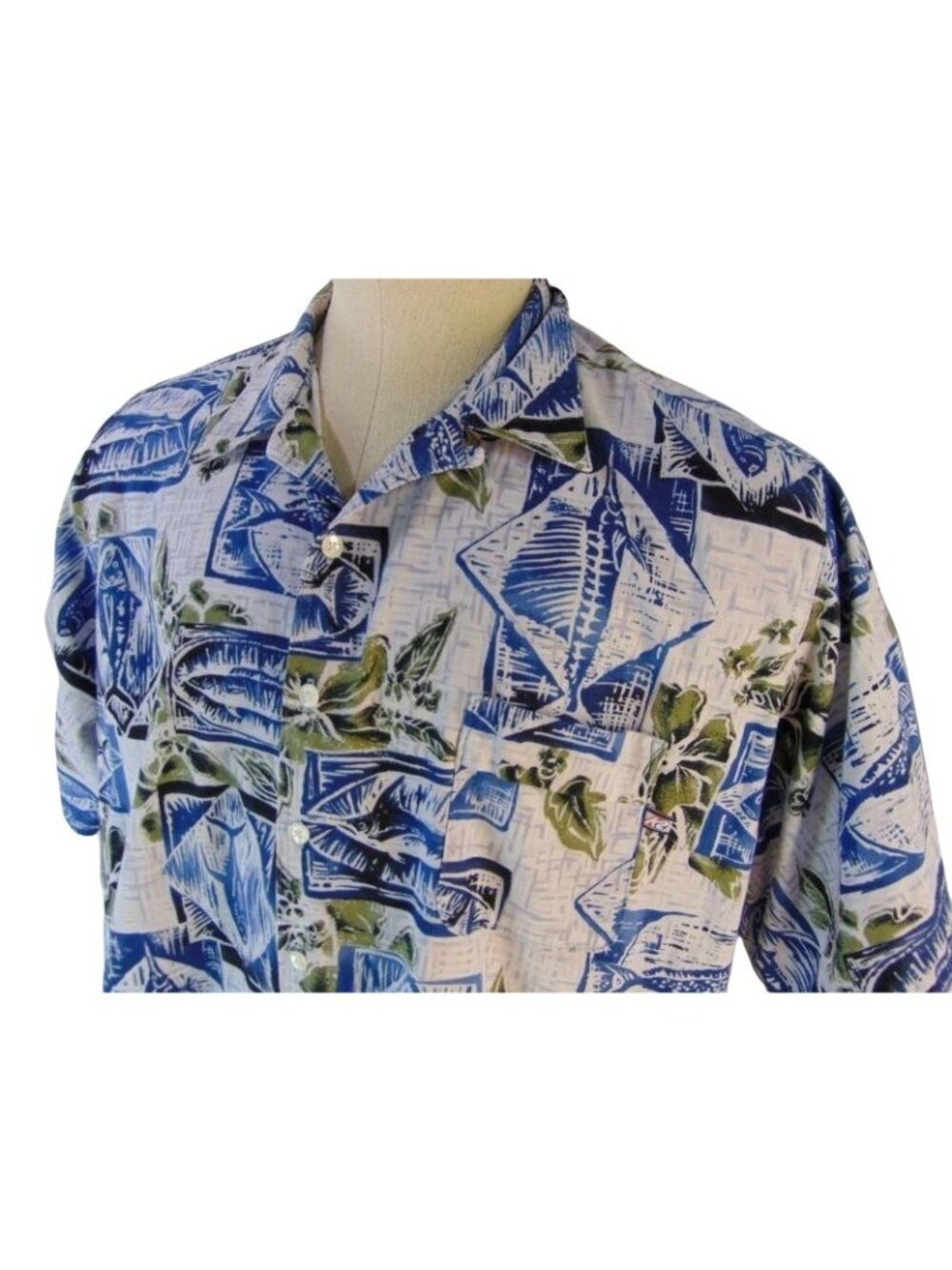Vintage K2 Surf Mens Hawaiian Shirt L Blue White Marlin Fish Block Print Cotton - Picture 2 of 10